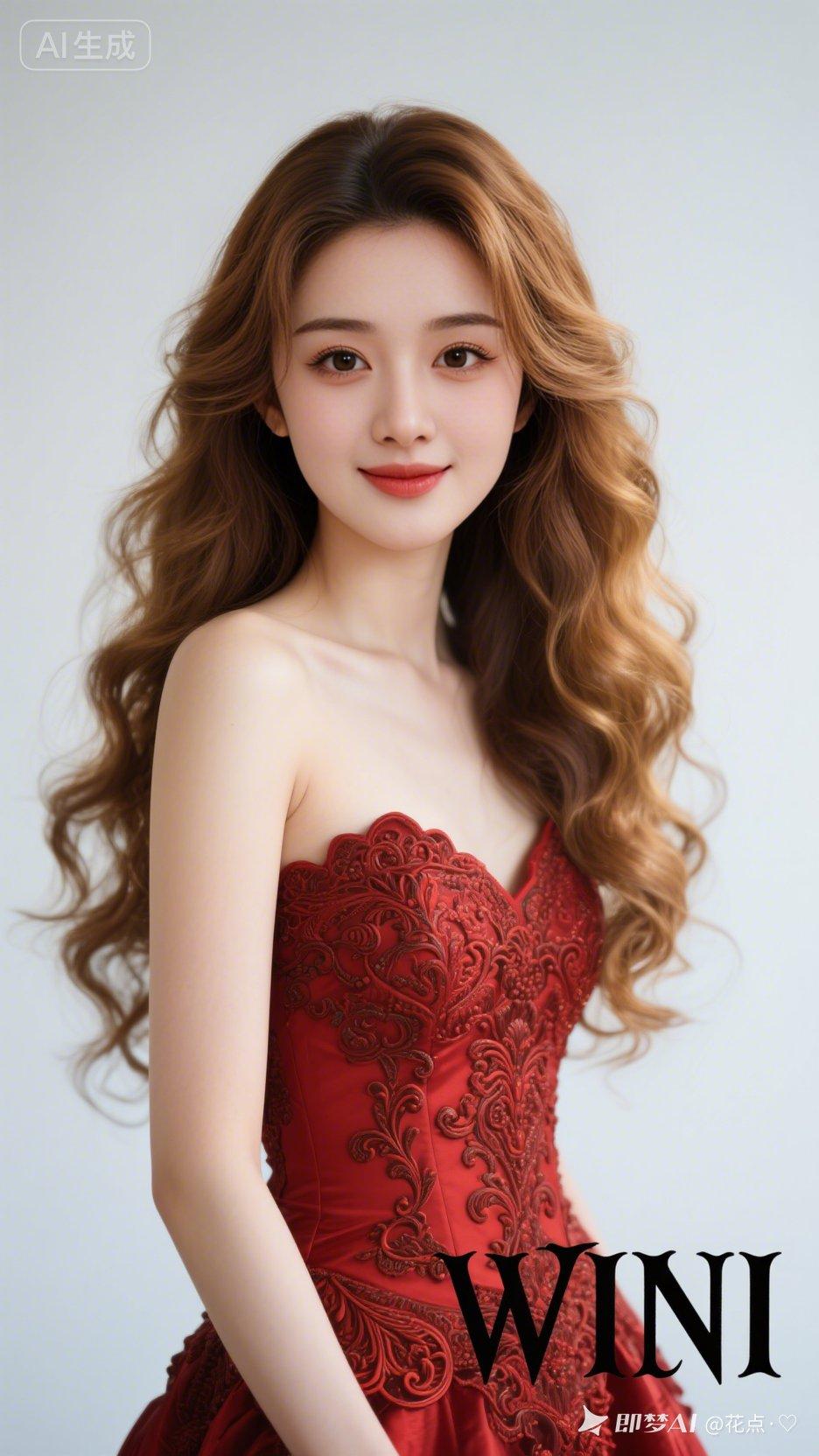 女子披金棕色蓬松大卷长发，身着华丽重工红色礼服，身姿优雅大气。右下角特字体「WI
