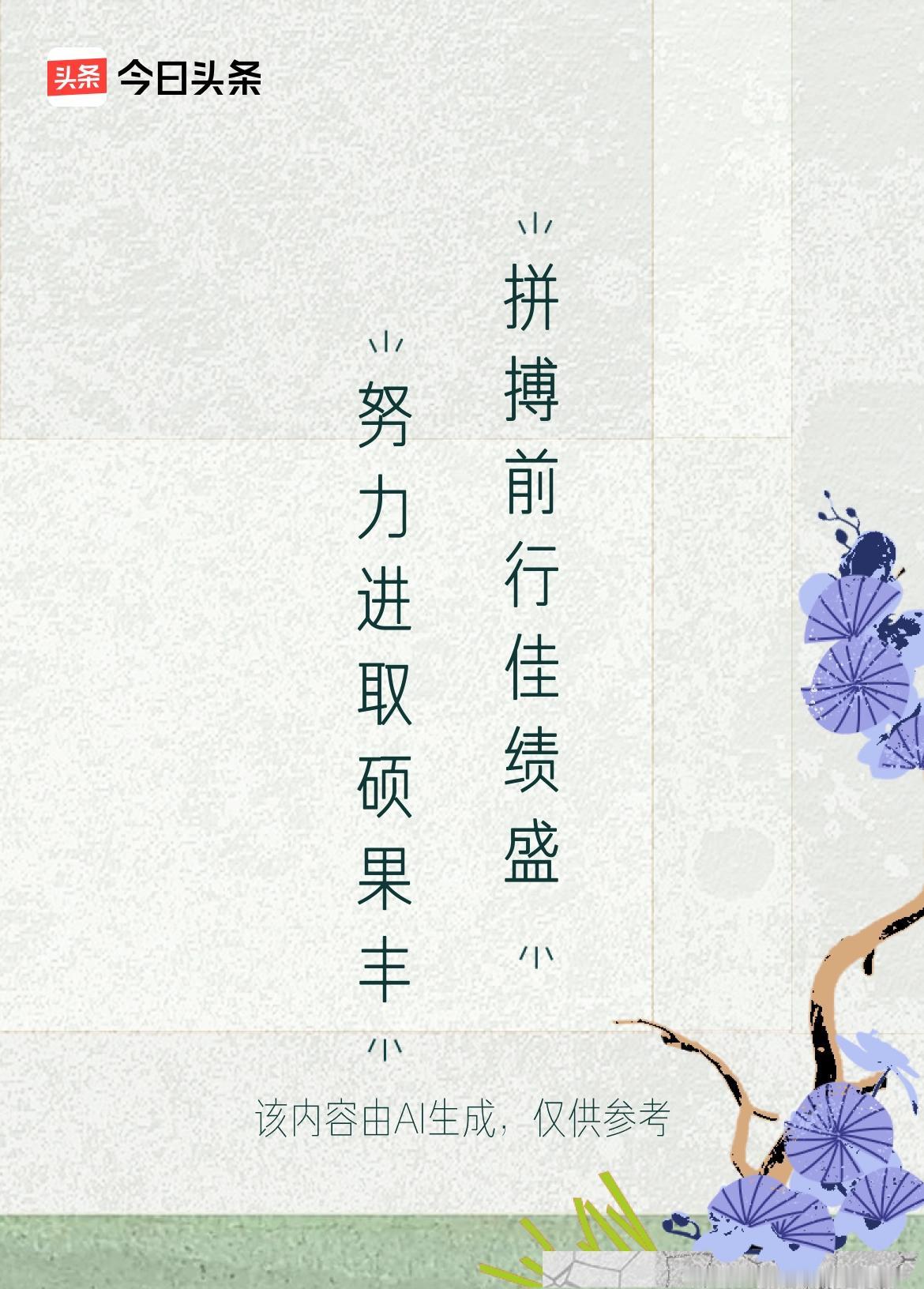 鼓足勇气抖精神，
吃苦耐劳奋力拼。
拼搏前行佳绩盛，
努力进取硬果丰。