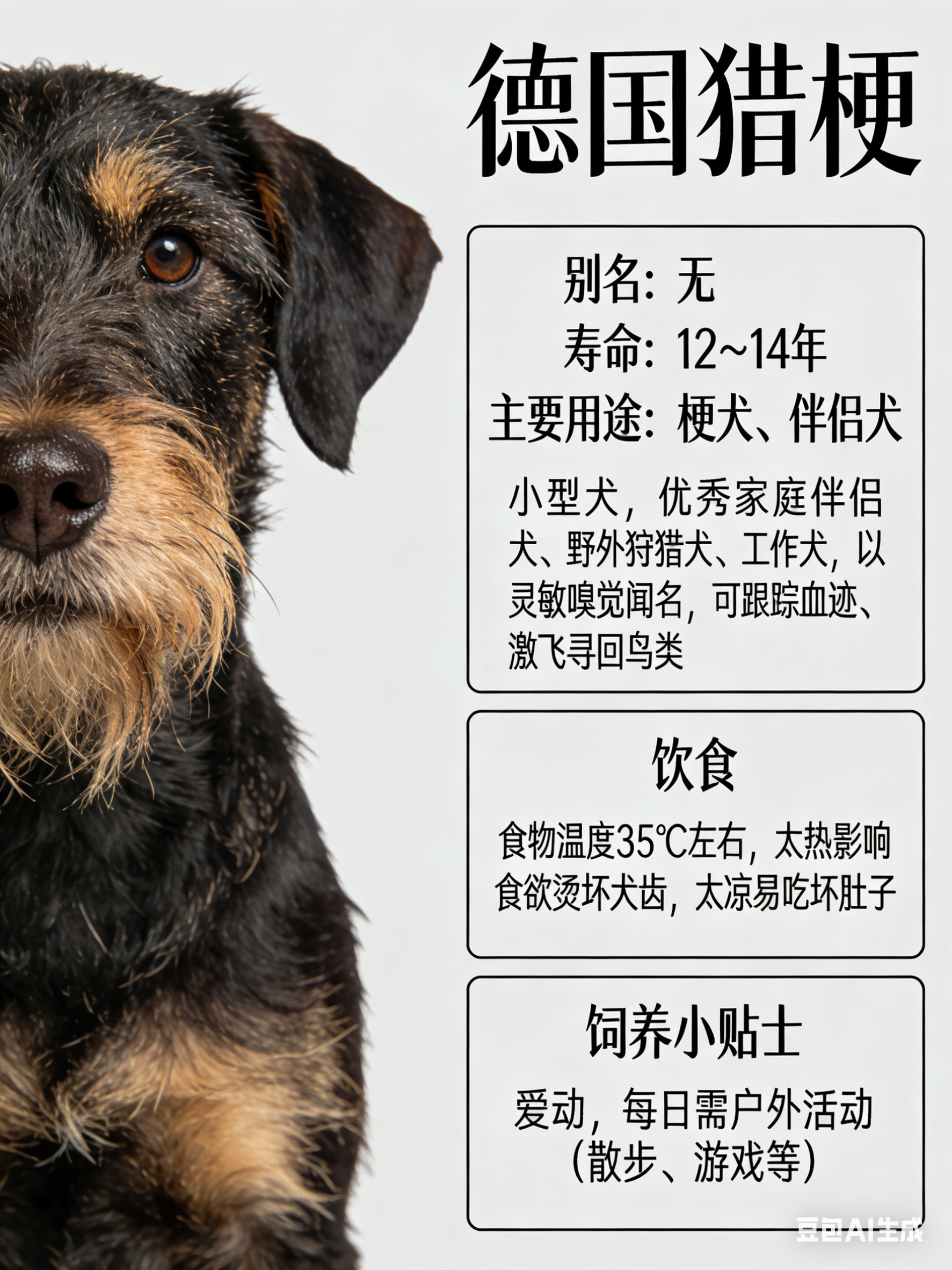 我AI的动物 德国猎梗别名：无寿命：12～14年主要用途：梗犬、伴侣犬德国猎梗属