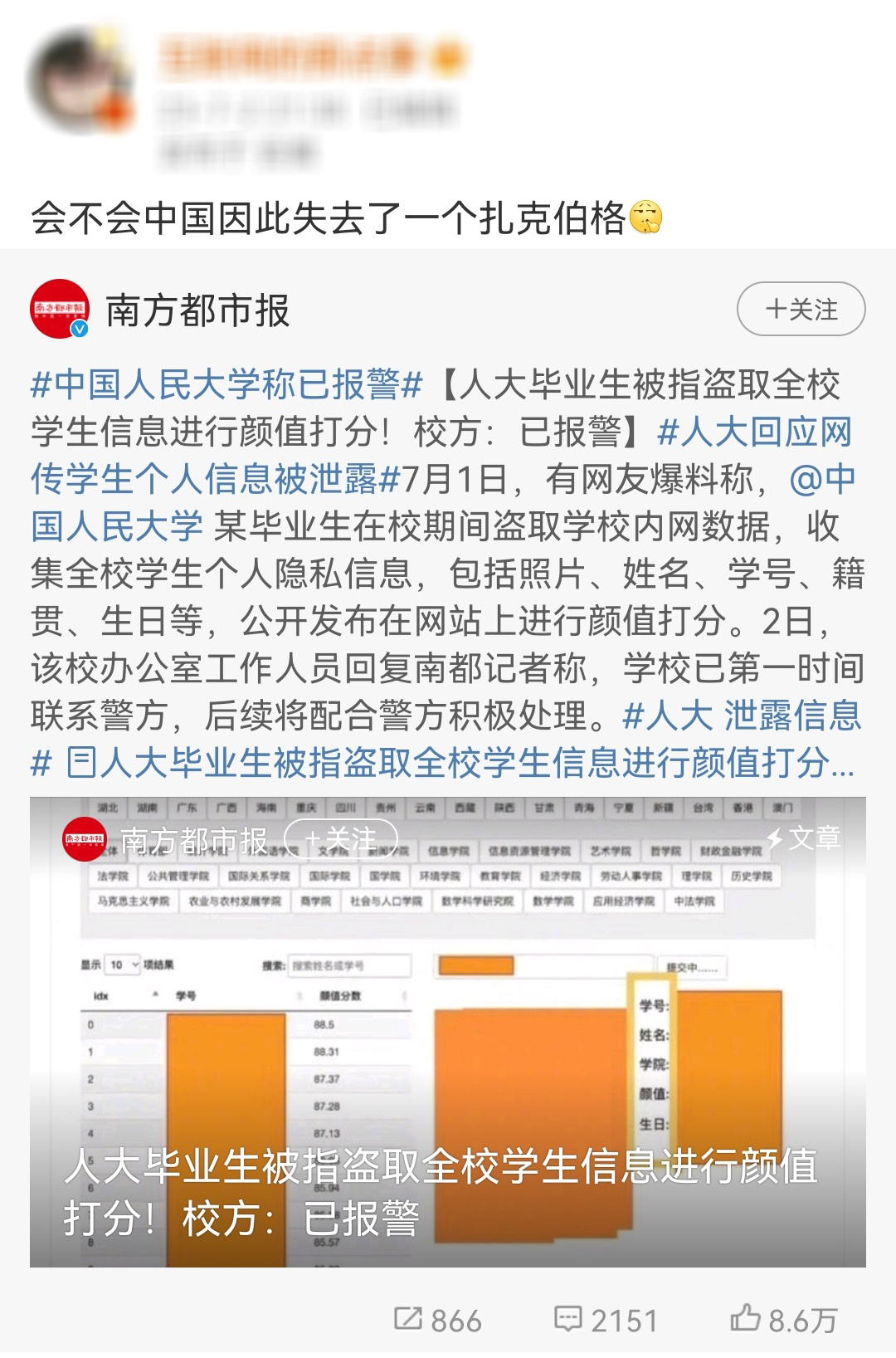 #中国人民大学称已报警# “会不会中国因此失去了一个扎克伯格”[费解]图一当中这
