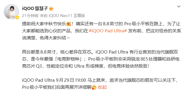 除iQOO Pad Ultra以外，iQOO小平板家族还有一个成员，都是8.8英