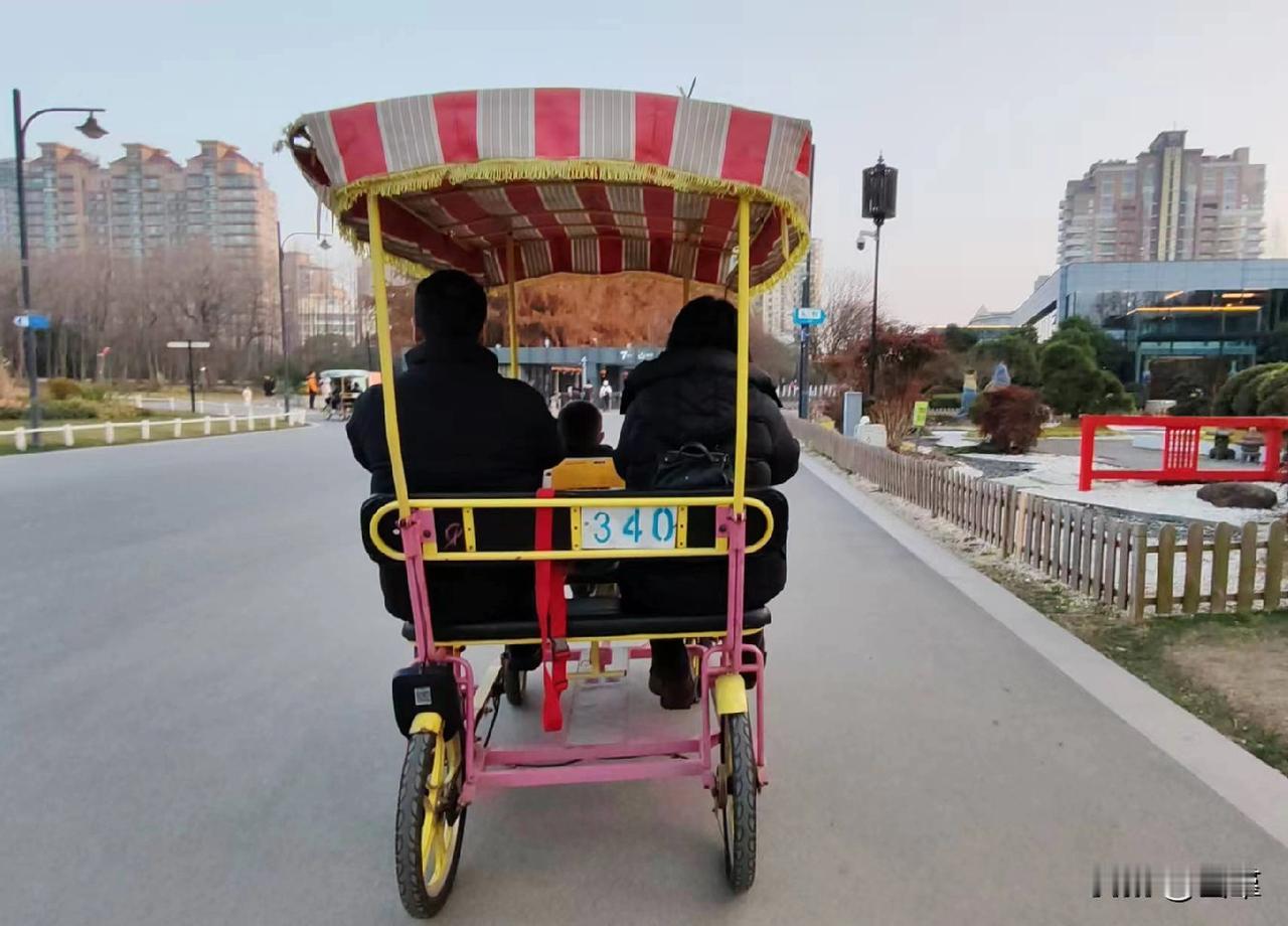 在公园租个三轮自行车也挺贵，大的要120元一小时，小的是60元一个小时。
看几个