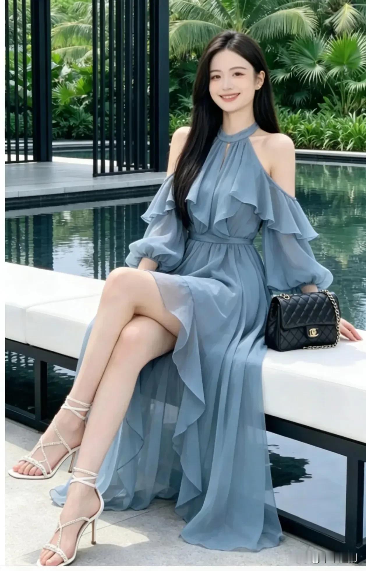 雾蓝色挂脖长裙，荷叶袖自带清爽仙气
白色挂脖裙穿搭 露肩紫裙照
