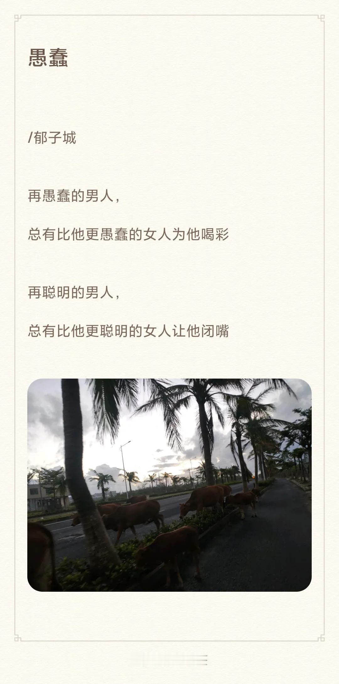 愚蠢

/

再愚蠢的男人，
总有比他更愚蠢的女人为他喝彩

再聪明的男人，
总