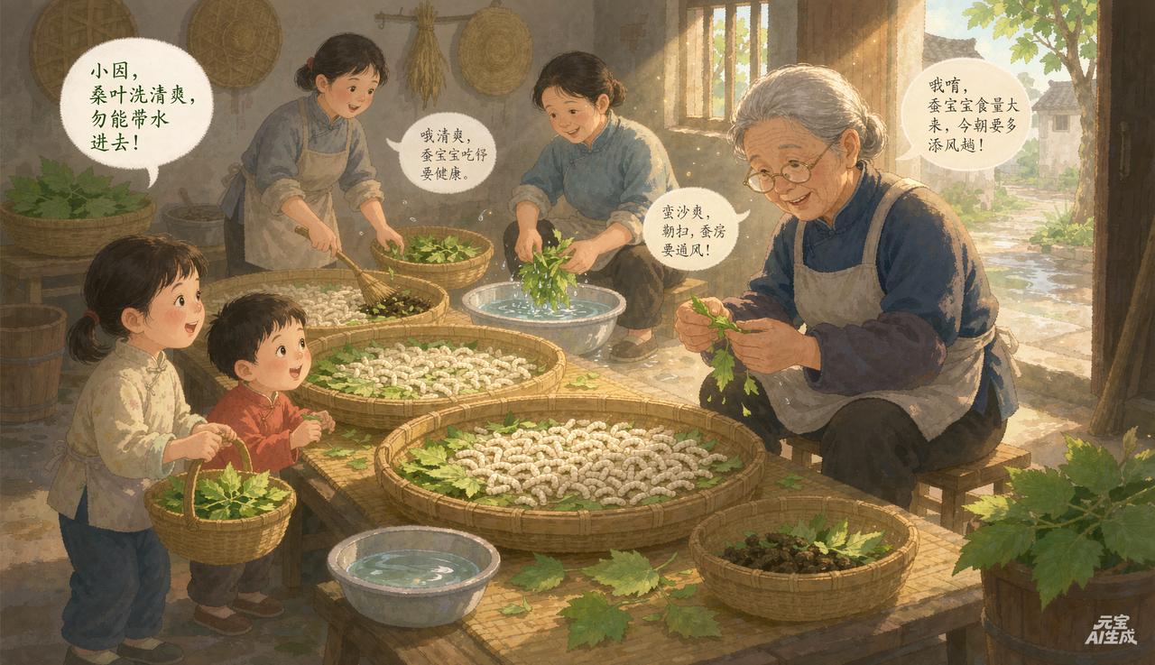 阿婆： 阿大哎，桑叶阿曾采够？蚕眠得蛮齐了，明朝一醒就要大吃，叶子弗够要饿煞咯！