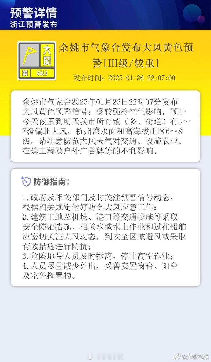 【注意防范！ 余姚市气象台发布大风黄色预警信号  】余姚市气象台2025年01月