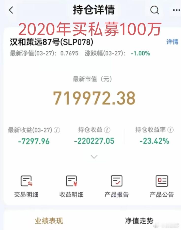 网友晒出6年前100万买的私募基金，现在只剩71万～～～等大盘涨到5000点应该