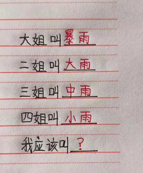 姐姐们名字全跟下雨挂钩，到我这儿愣是没人能想出合适叫法。
看到这个取名谜题瞬间来