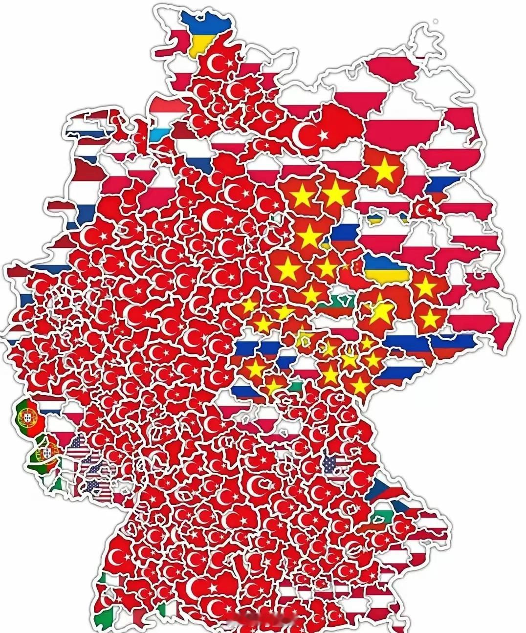 德国最大的移民群体地图。大部分区域几乎被土耳其人占领，而东部被越南人占领，波兰人