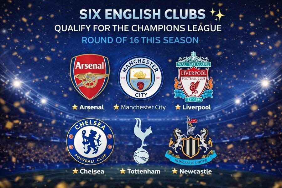 统治力！本赛季共有6支英格兰球队晋级欧冠 16 强，此前从未有任何一个国家在这一