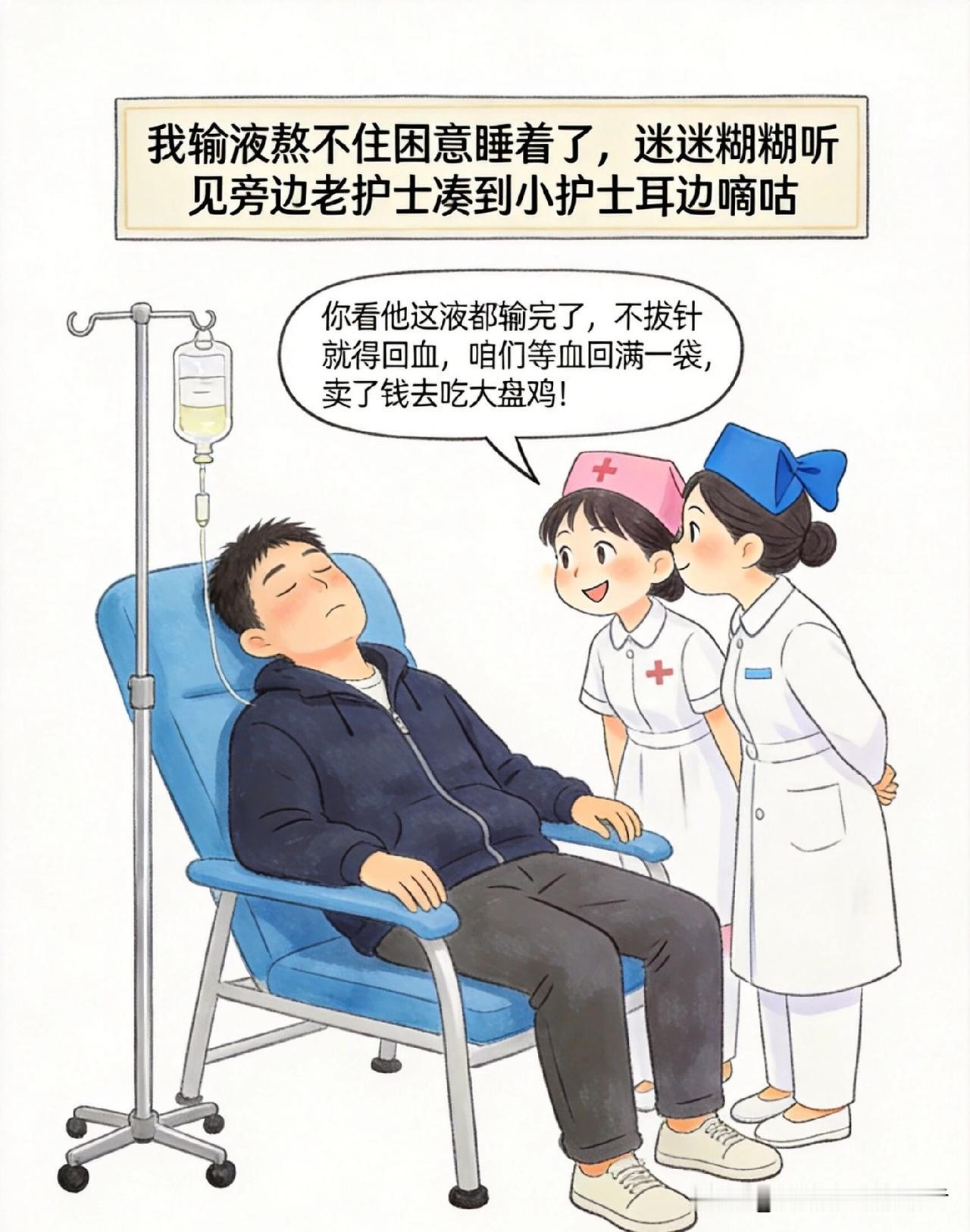趣味漫画：去医院输液，迷糊中听到老护士对小护士说:你看，他的液输完了，没液不拔针