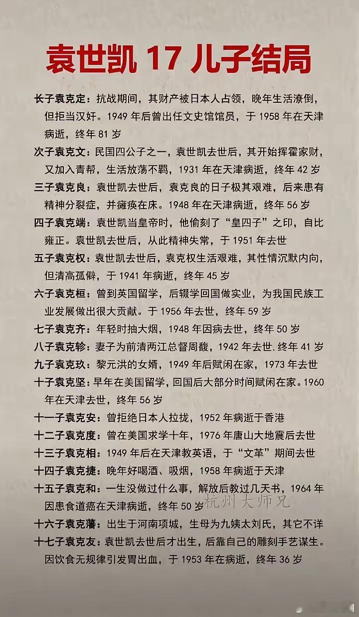 袁士凯17个儿子的结局 