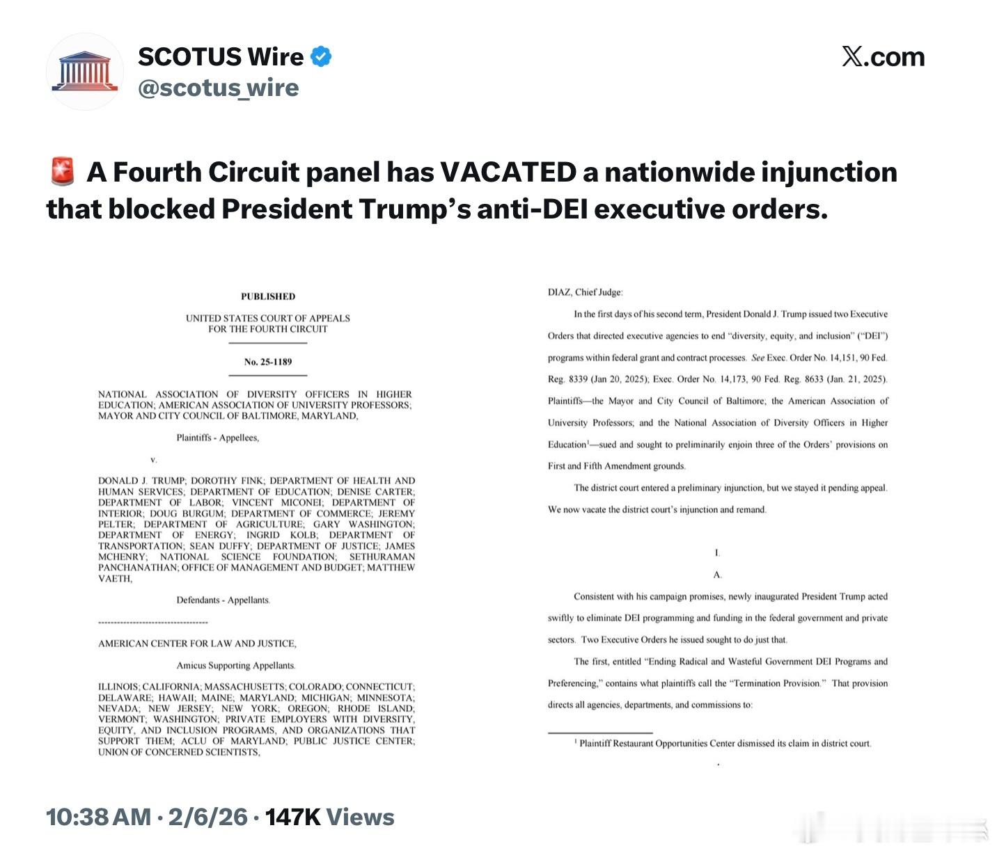 美國第四巡迴上訴法院已撤銷一項全國性禁制令，該禁制令原本阻止川普總統反對 DEI