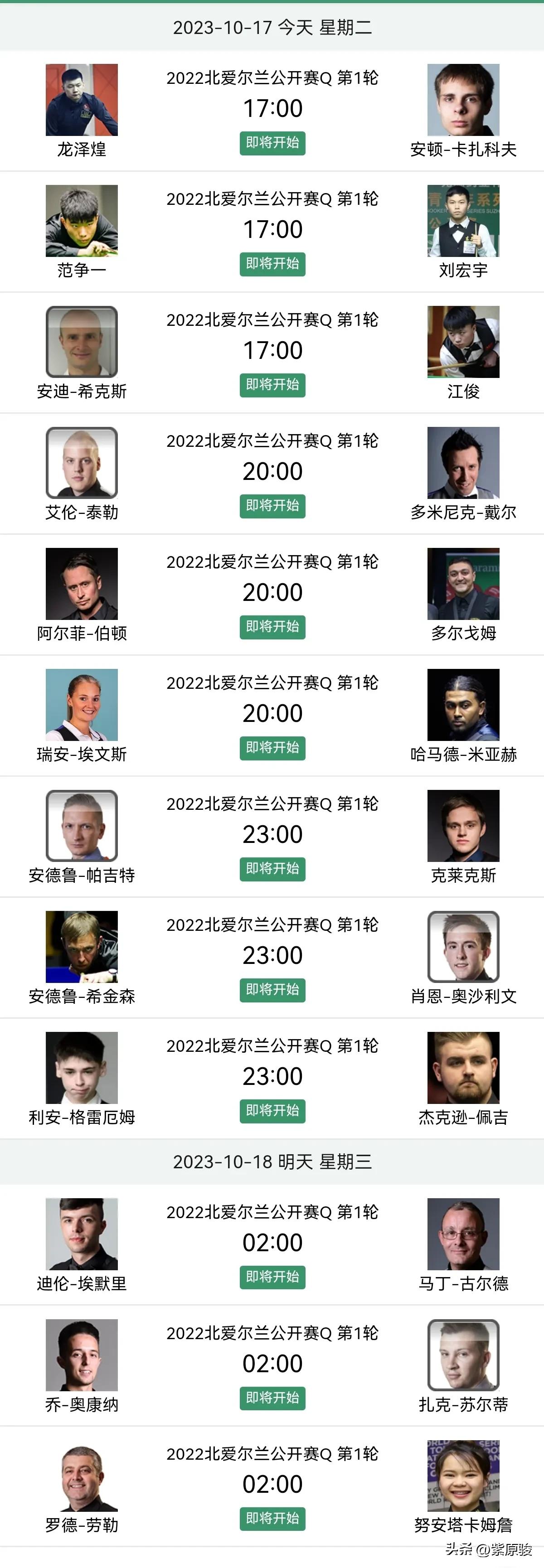 斯诺克北爱尔兰公开赛资格赛今天开打，中国军团4人出战，一场德比。

今年的北爱尔