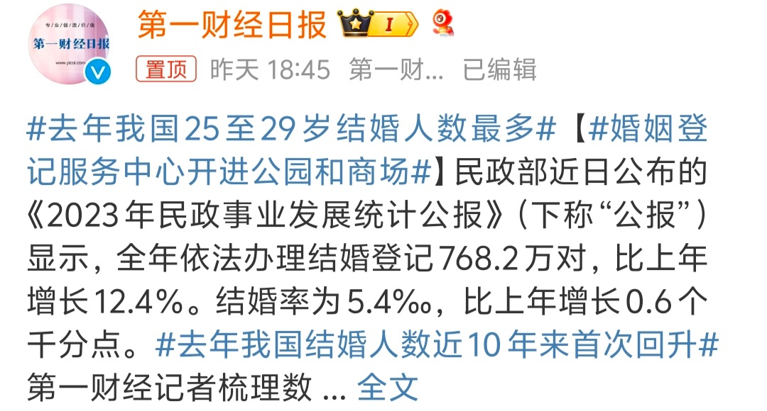 #去年我国25至29岁结婚人数最多# 大部分人应该都是在这个年龄段结婚，大家在哪