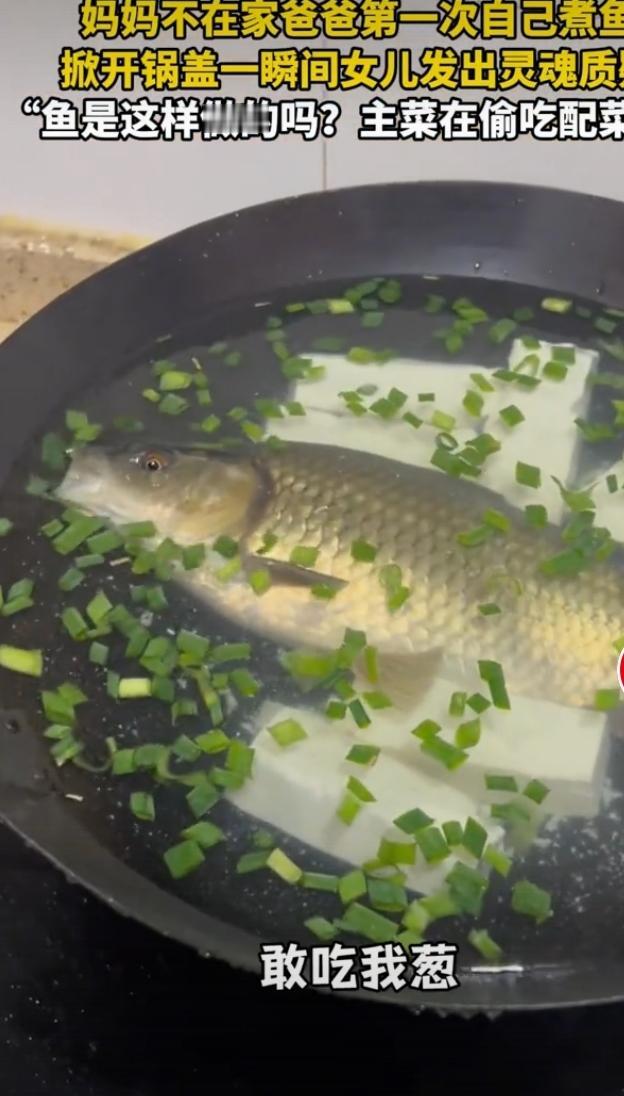 妈妈不在家，爸爸第一次煮鱼，直接闹了个乌龙。爸爸生疏地从冰箱拿出鱼，洗一洗整条扔