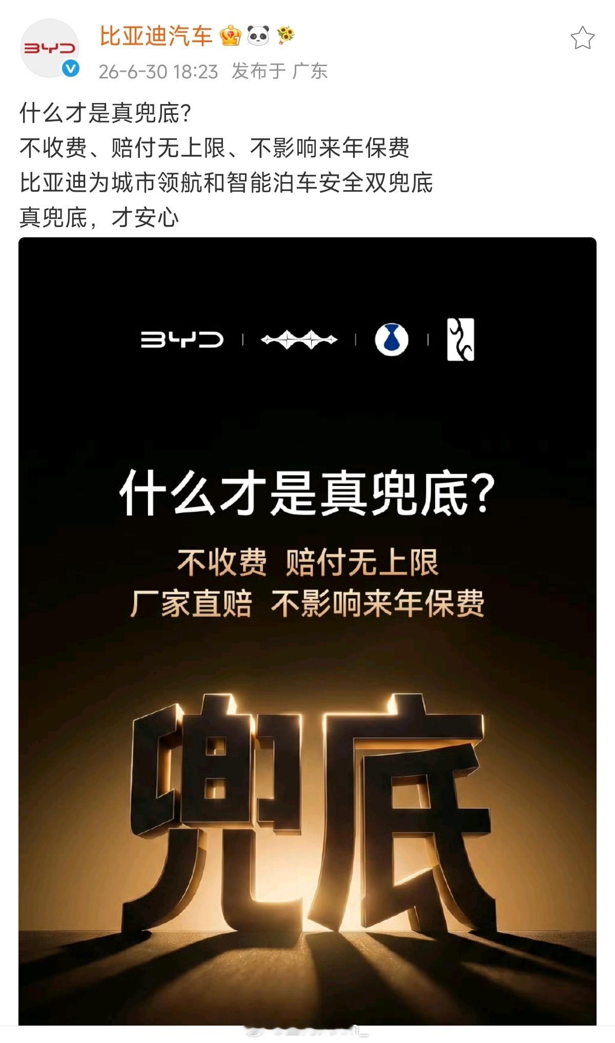 比亚迪才是行业内真正的遥遥领先，真正的敢为！什么才是真兜底？不收费，赔付无上限，