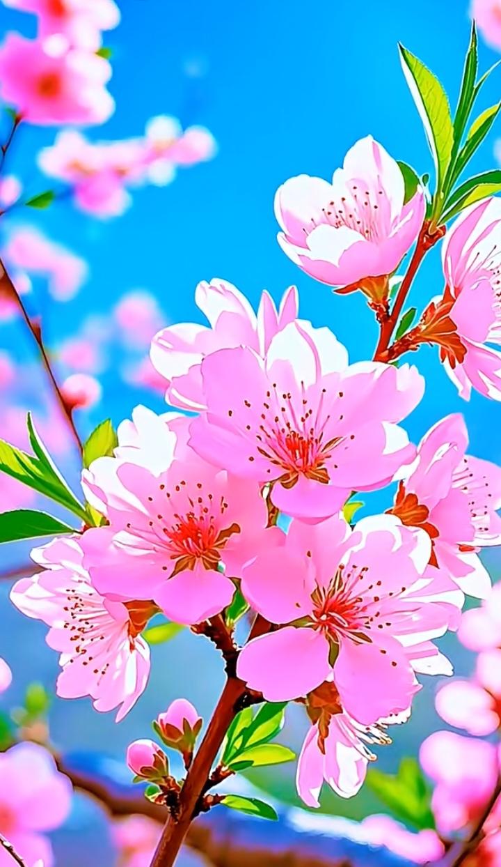 桃花的颜色粉嫩鲜艳，花瓣细腻柔软，花蕊清晰可见，每一朵都像是精心雕琢的艺术品。它