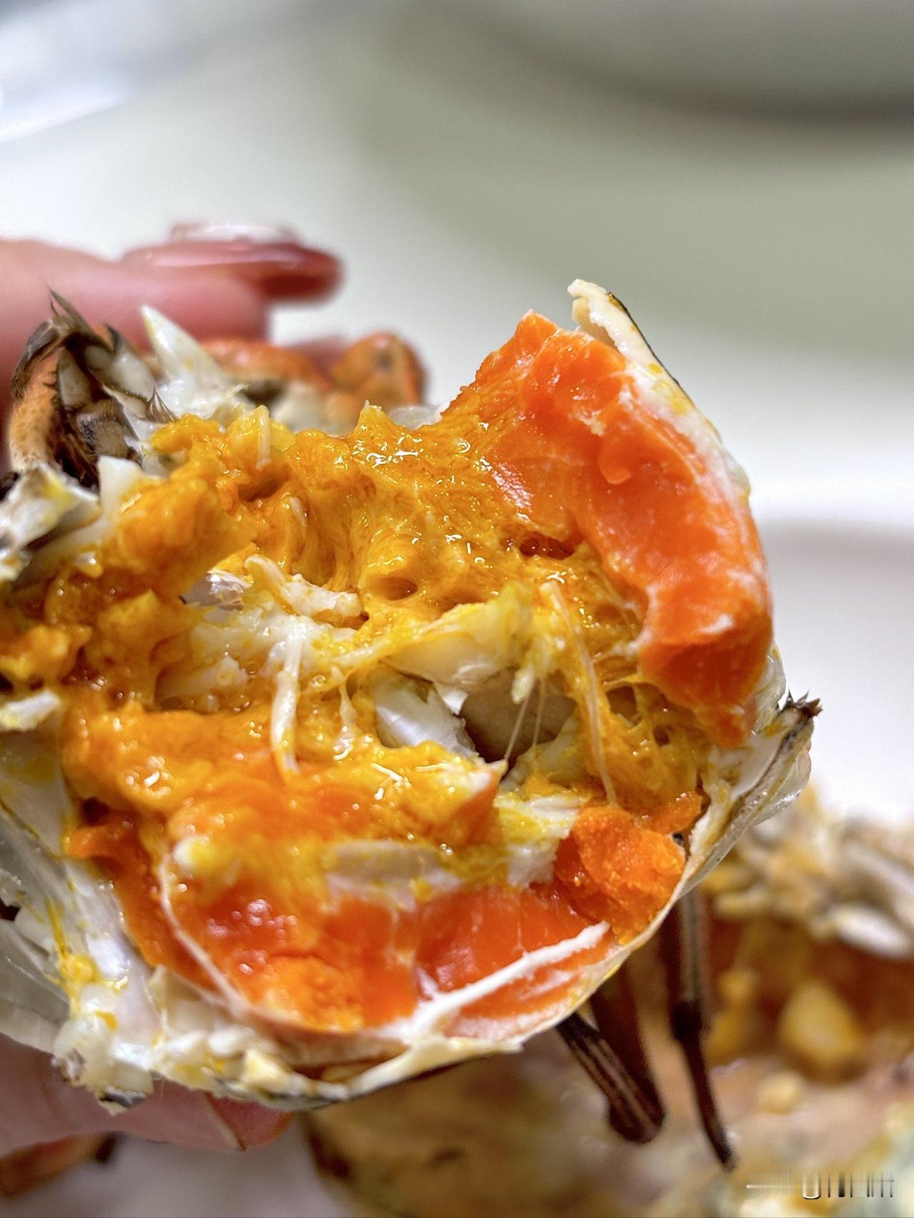 本来瞅着那螃蟹青壳白肚的，膏黄都快溢出来了，我咔嚓咔嚓啃得那叫一个香，还蘸了两勺