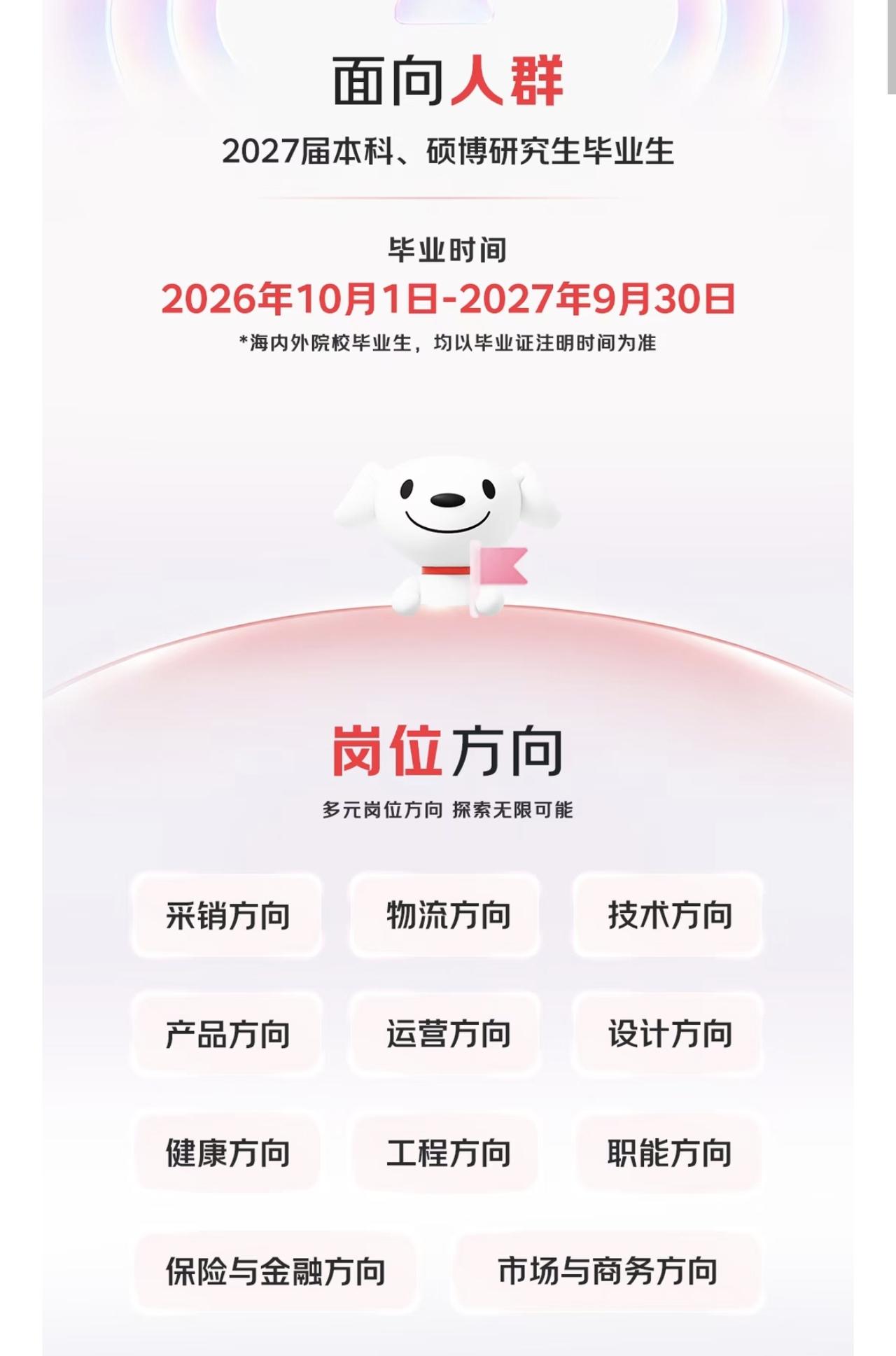 京东2027届校园招聘正式全面启动！本次开放采销、物流、技术、产品、运营等十余类
