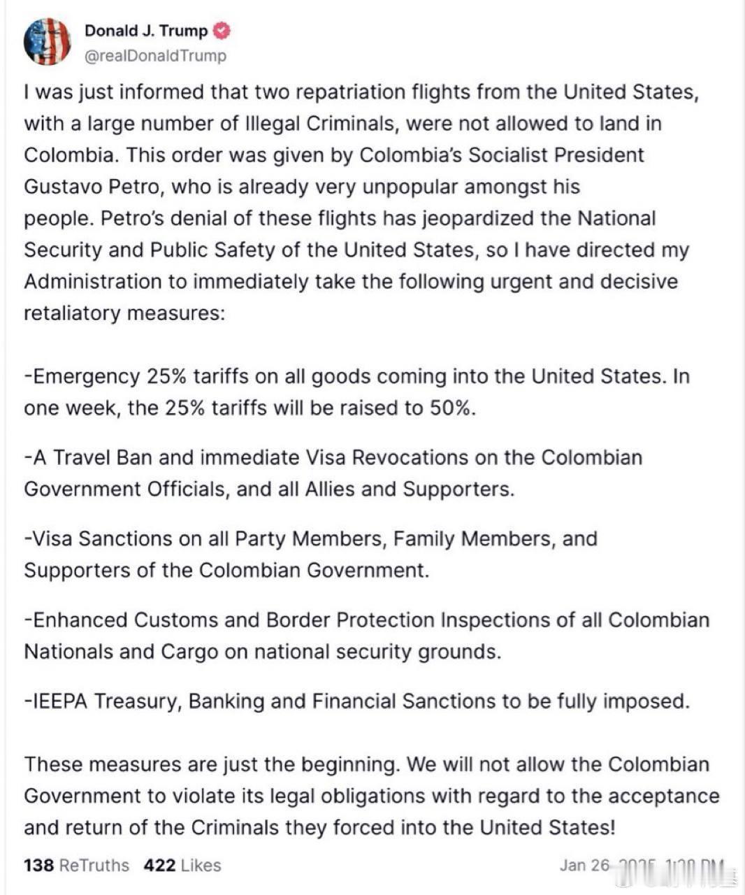 🇨🇴🇺🇸 哥伦比亚拒绝两架载有被驱逐移民的美国军机入境，随后特朗普宣布报