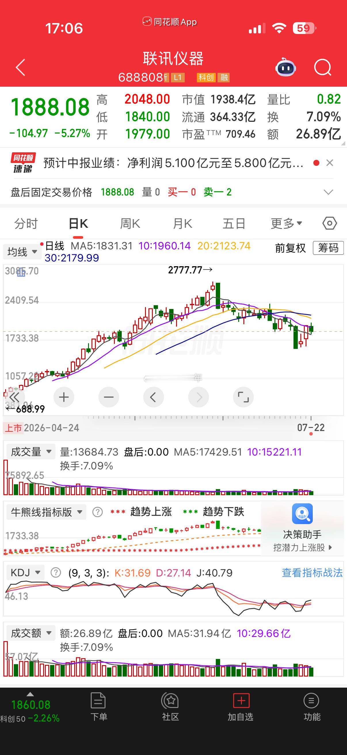 联讯仪器预计2026年半年度归属于上市公司股东的净利润为5.10亿元-5.80亿