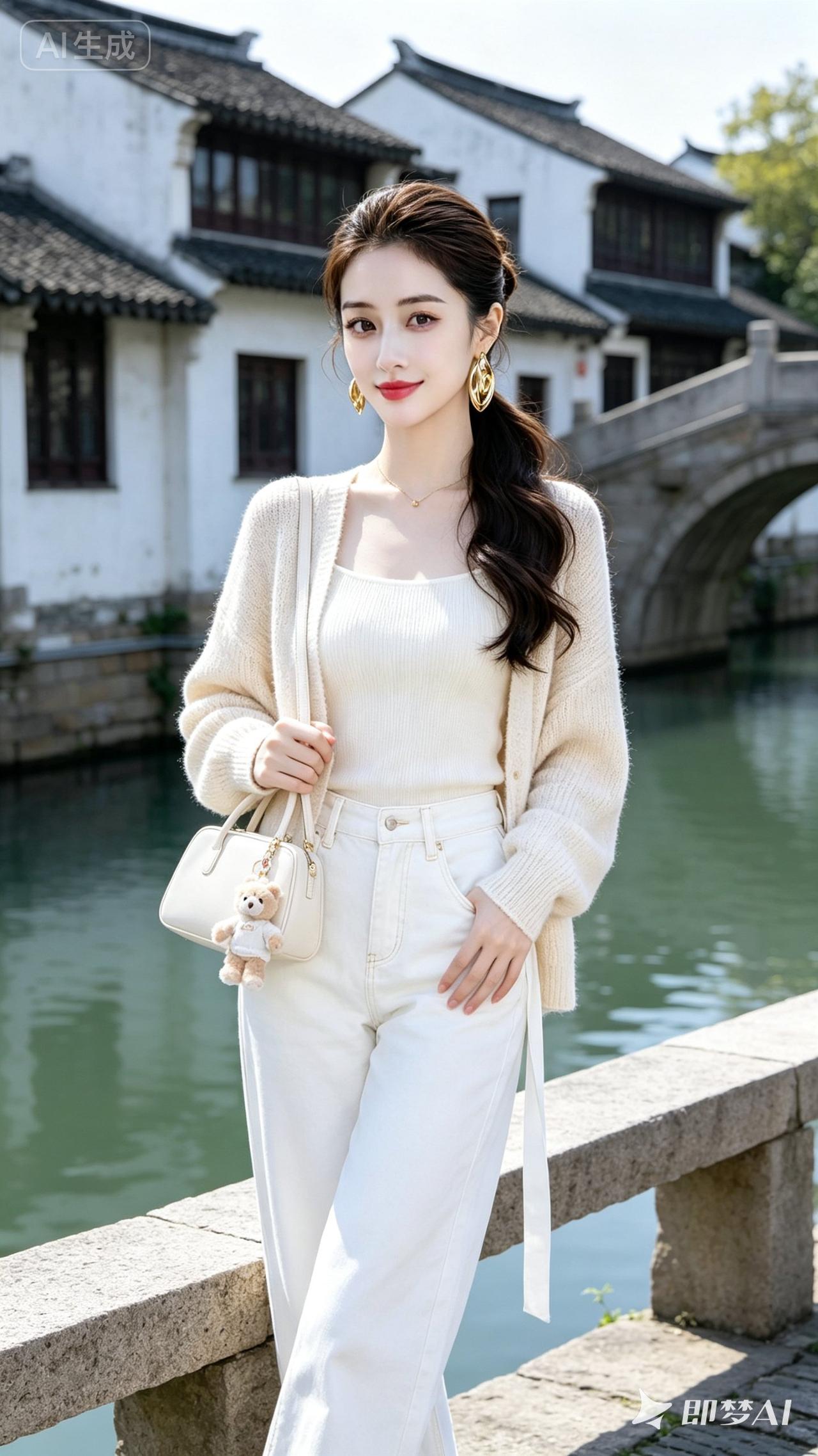 白衣少女漫步古桥，唯美江南水乡风韵