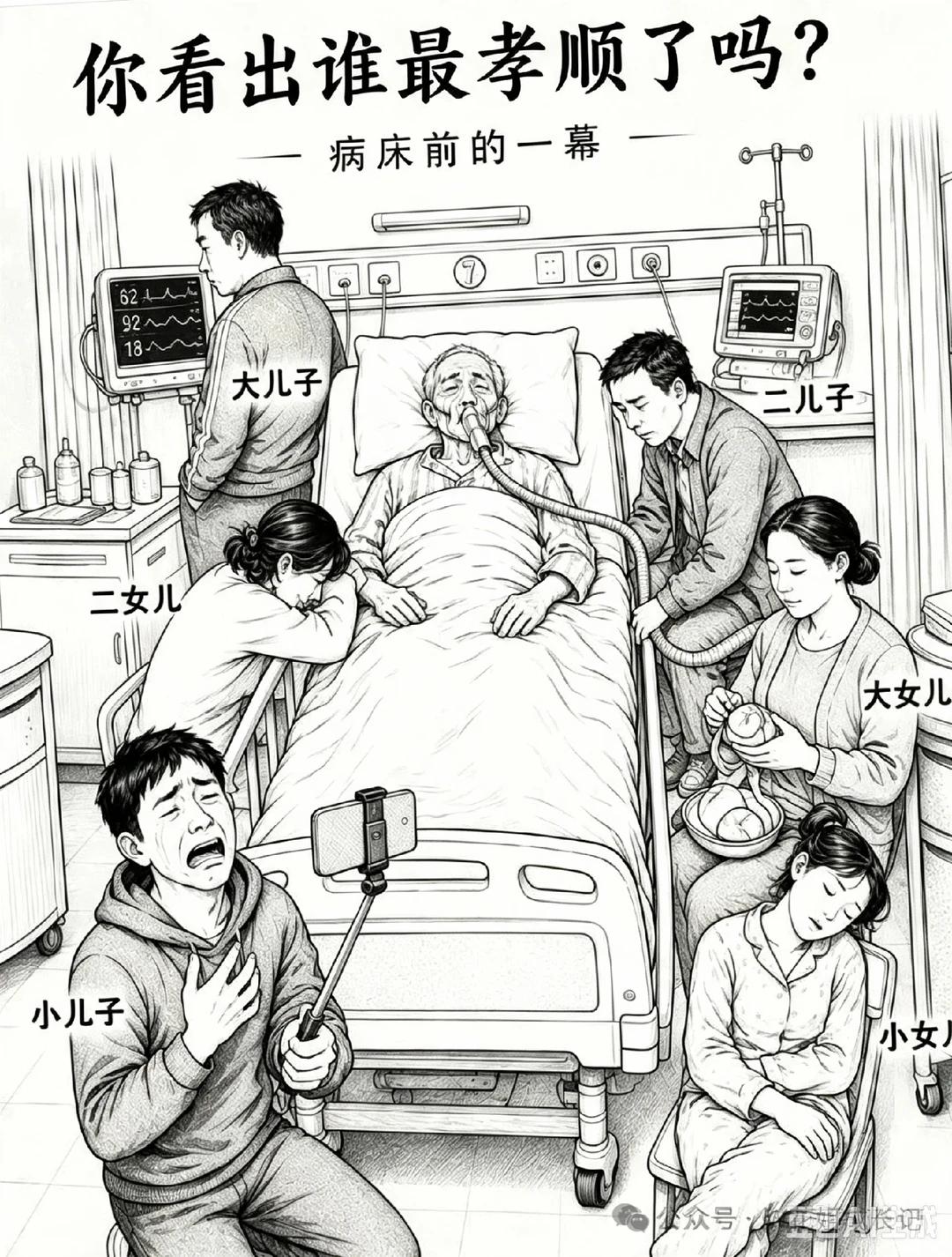 老人重病躺在病床上，一众子女守在身边，姿态各不相同。
有人默默照料、暗自悲伤
有