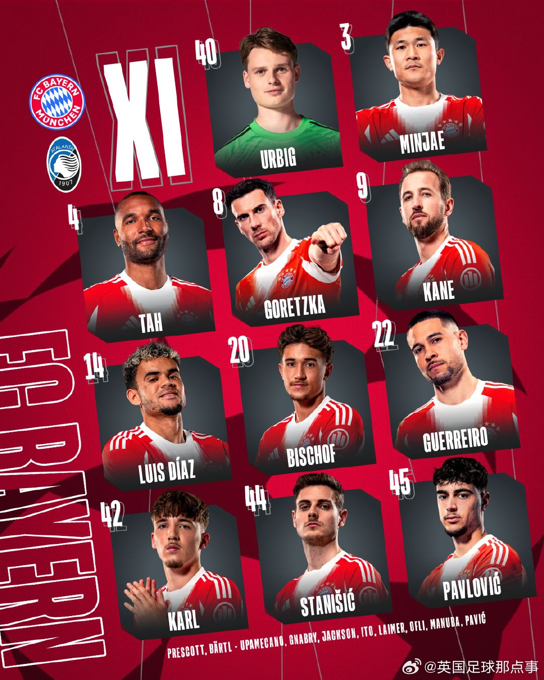 拜仁vs亚特兰大 首发阵容⬇️ 4:00开赛！拜仁慕尼黑首发：40-乌尔比希、3
