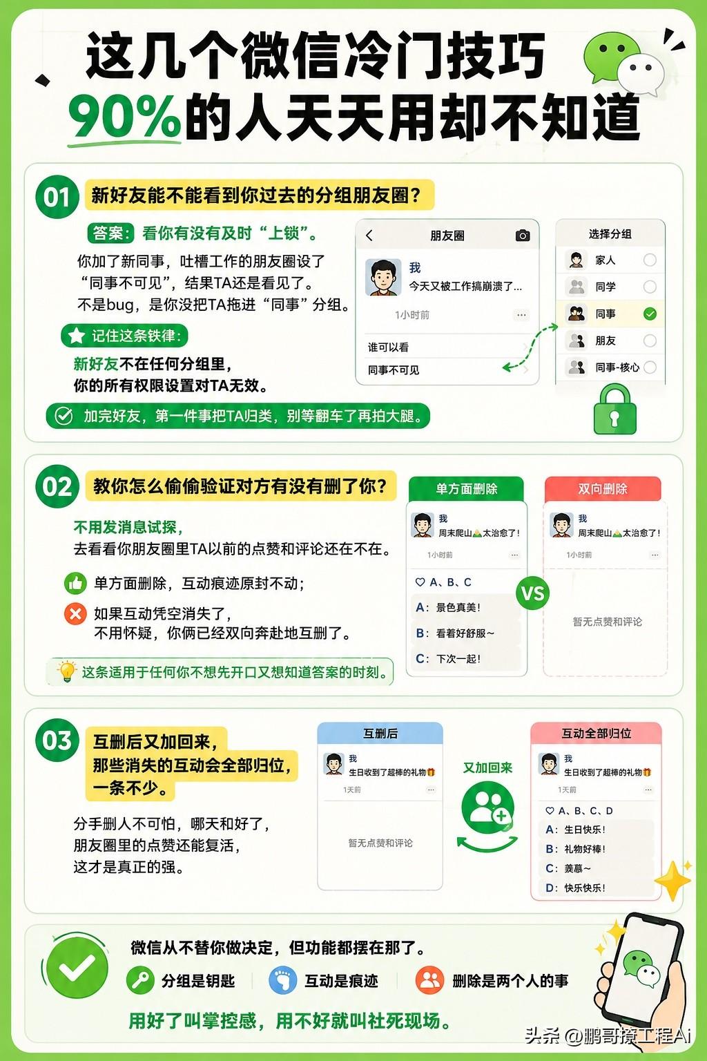 这几个微信冷门技巧，90%的人天天用却不知道。

第一个，新好友能不能看到你过去