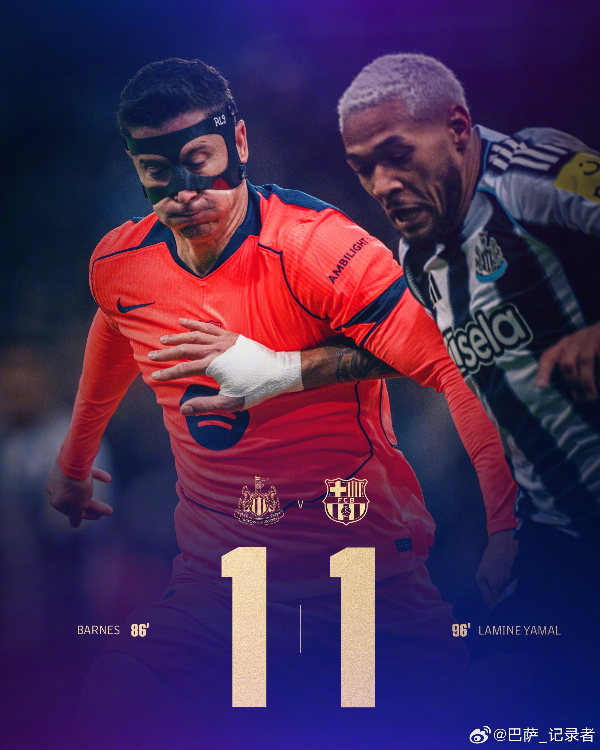 欧冠八分之一决赛首回合全场比赛结束，纽卡斯尔联 1-1 巴塞罗那进球：巴恩斯86