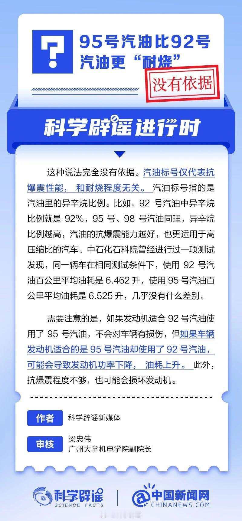 科学辟谣进行时 【95号汽油比92号汽油更“耐烧”？没有依据】汽油标号仅代表抗爆