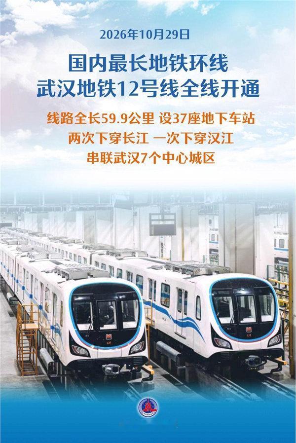 【武汉地铁12号线全线开通运营】10月29日消息，据新华社报道，今日，武汉地铁1