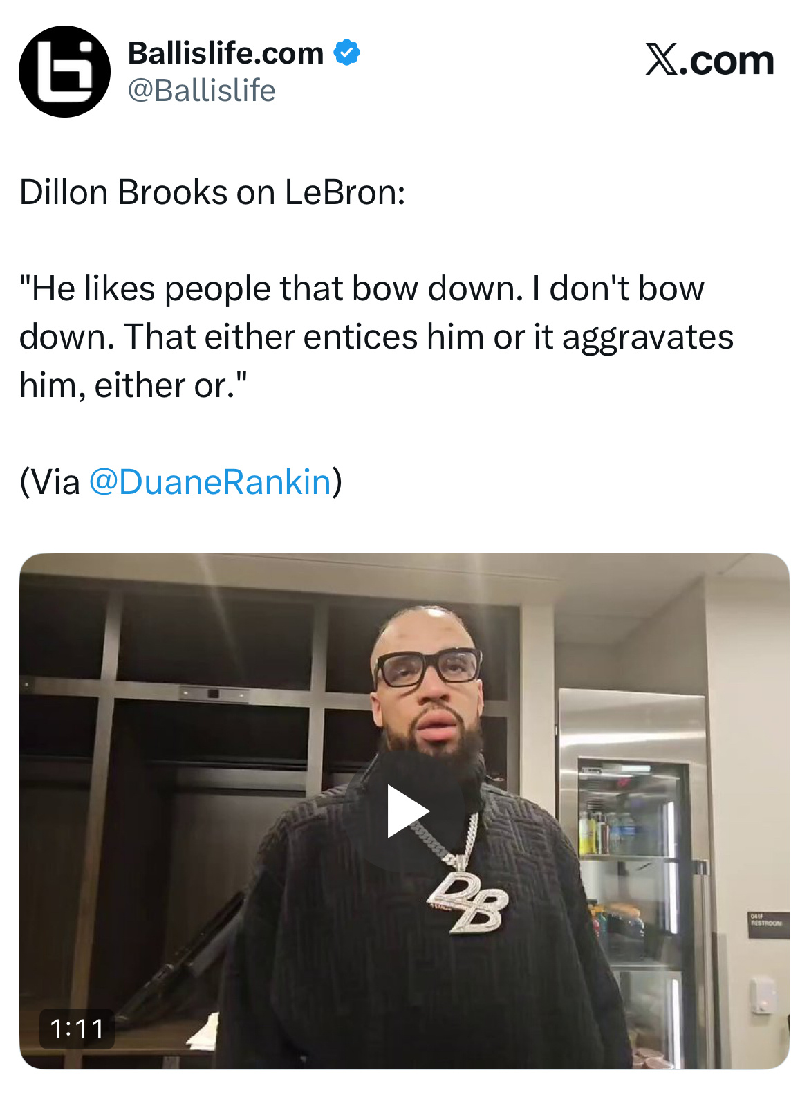 狄龙·布鲁克斯谈到勒布朗：“他喜欢别人对他俯首称臣。我不会。这会让他感到兴奋，或