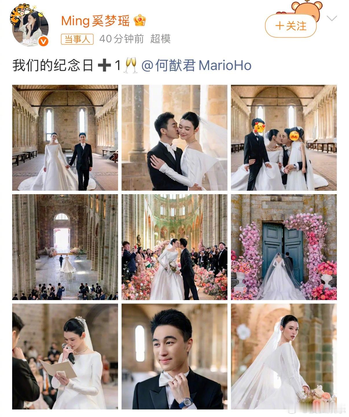 奚梦瑶婚礼 何猷君奚梦瑶发了婚礼现场照，古堡花海下的婚礼，儿子女儿也穿着西装和白