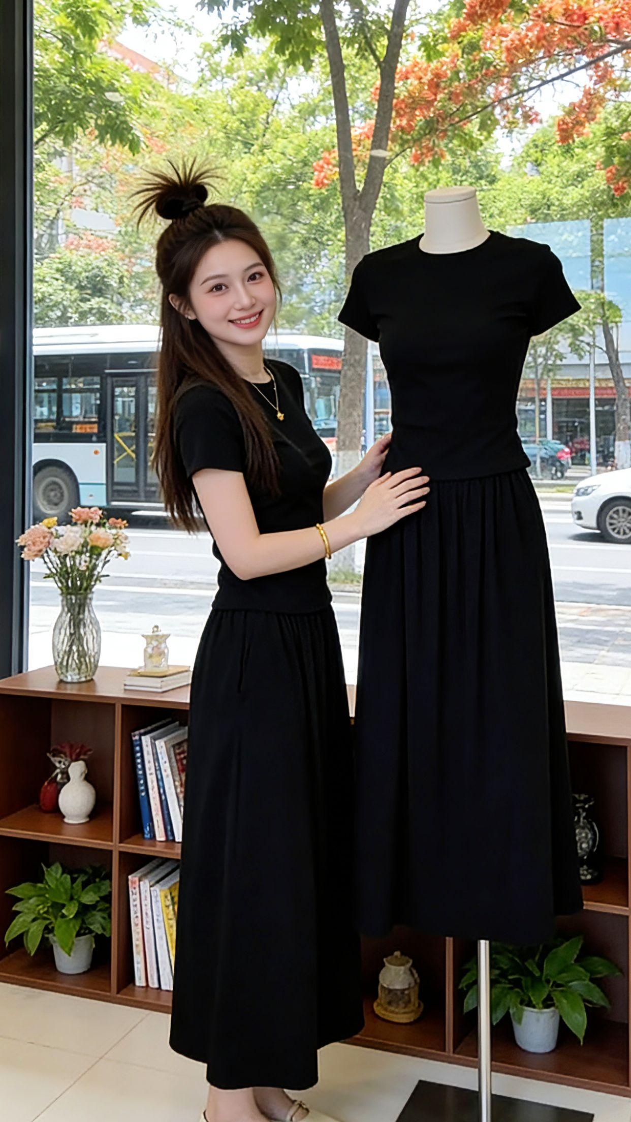 谁懂啊！这套黑色两件套真的承包了我整个夏天的穿搭。修身短袖精准掐出腰线，垂坠感大