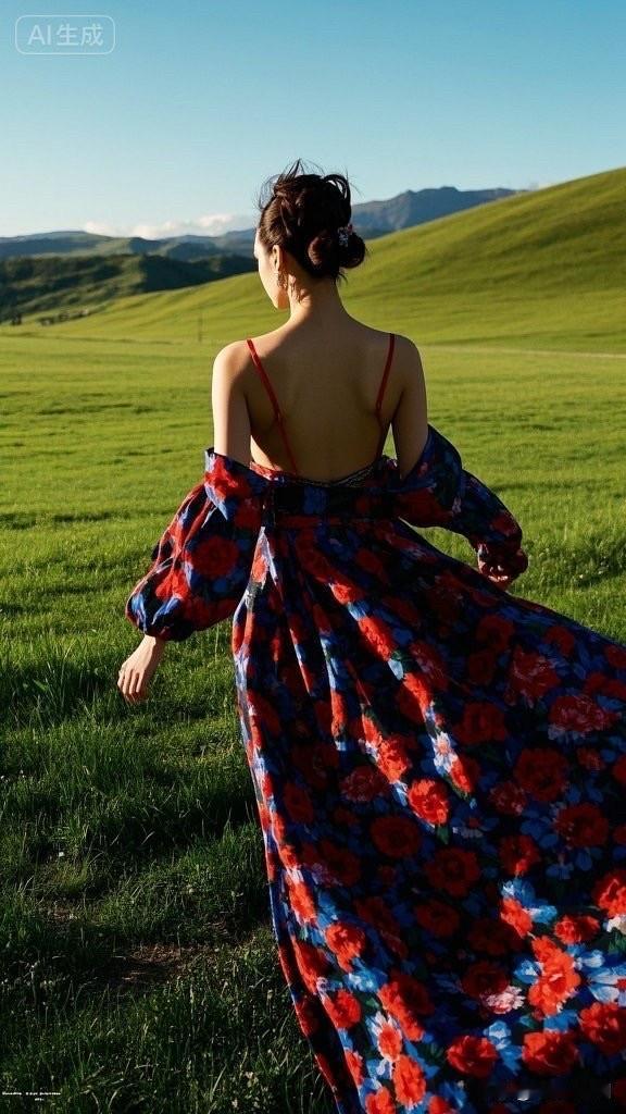 在绿意盎然的田野中，她优雅地漫步，仿佛置身于童话世界。