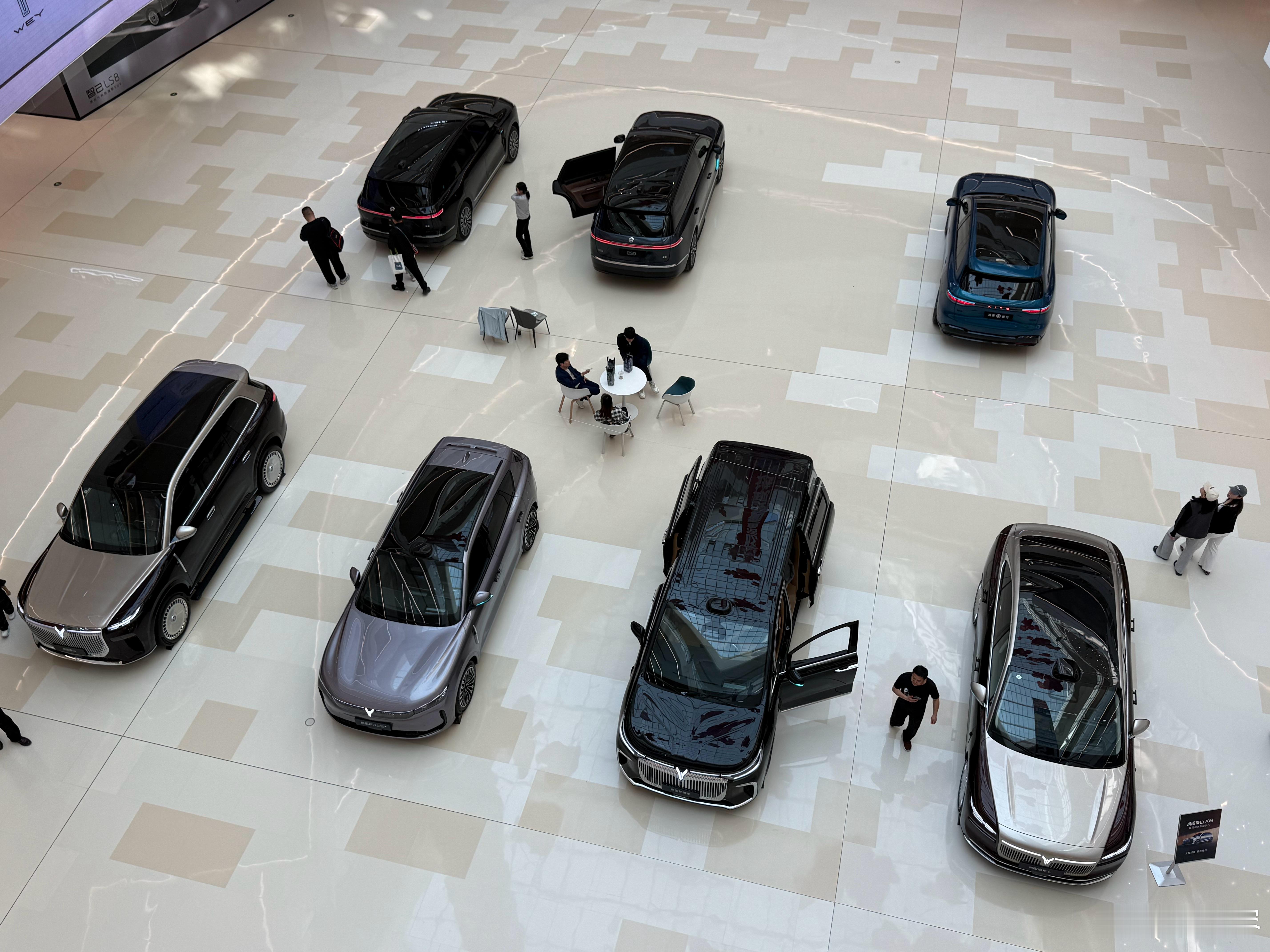 河北保定爱情广场一楼中间停了不少岚图。这个爱情广场主打就是汽车主题购物中心，一楼