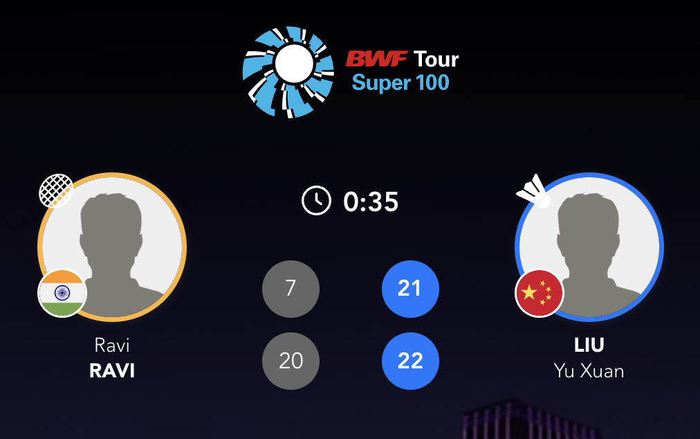 资格赛：刘宇轩🇨🇳 21-7、22-20 🇮🇳拉维正赛：刘宇轩🇨🇳 