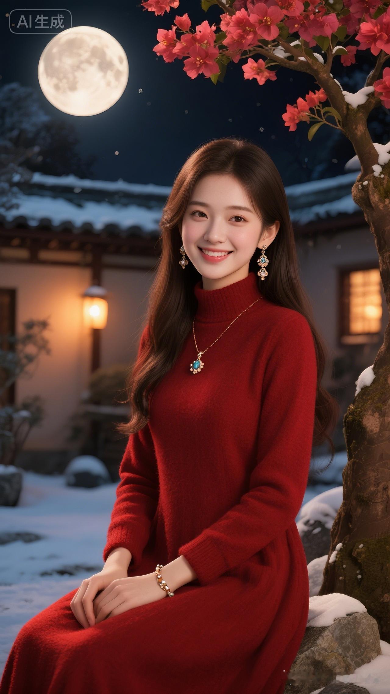 冬日暖阳下，红衣少女笑靥如花！