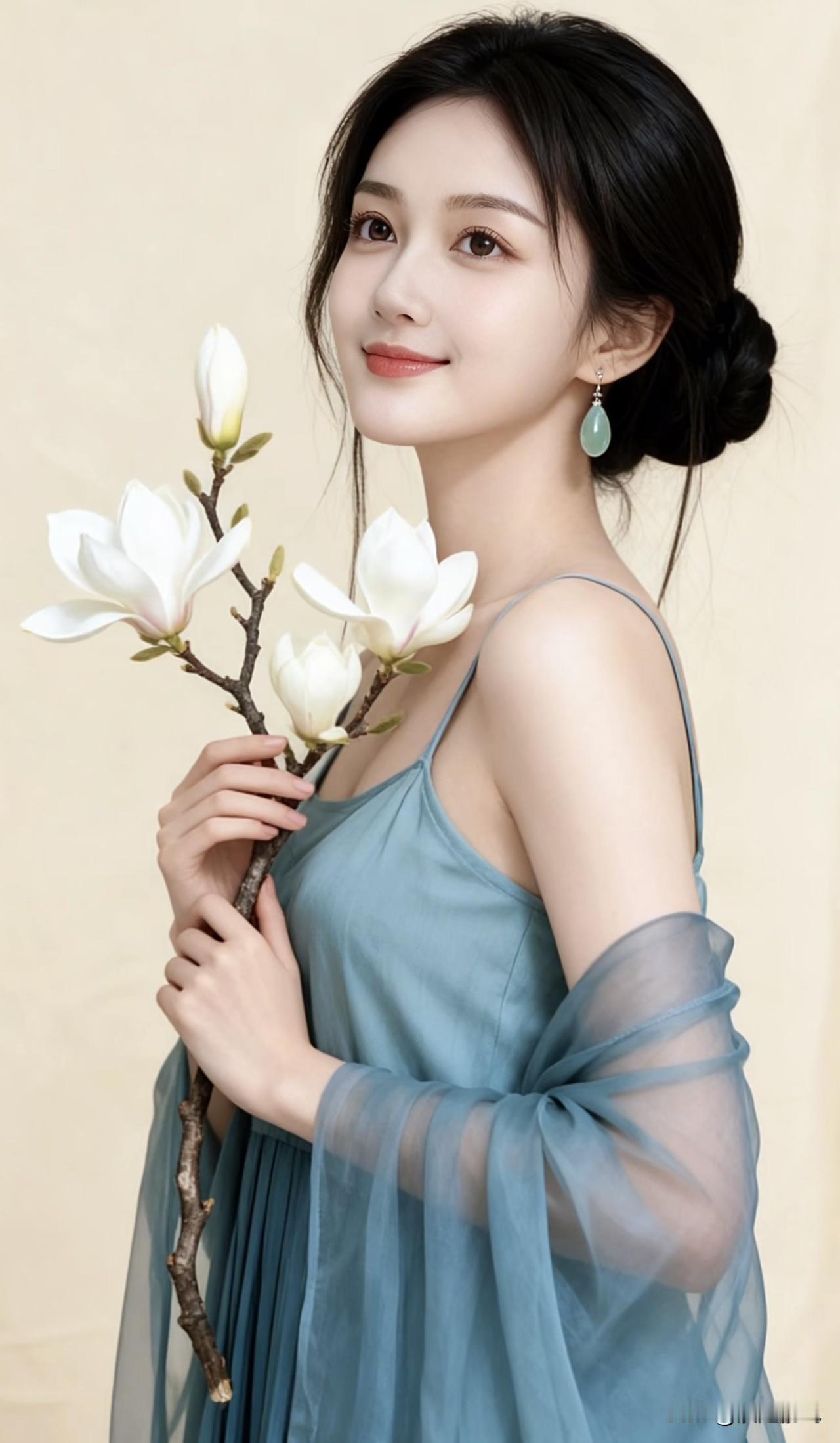 温柔蓝裙少女，手捧白花，清新自然阳光白裙少女 温柔花裙少女 淡雅蓝裙照 温柔花裙