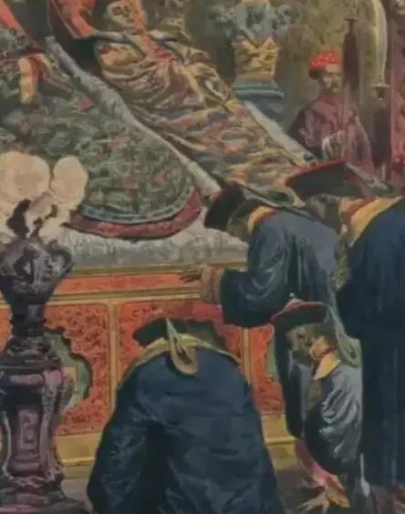 1908年11月14日，北京。清光绪皇帝和慈禧太后遗体摆放在长寿宫的情景！据说当
