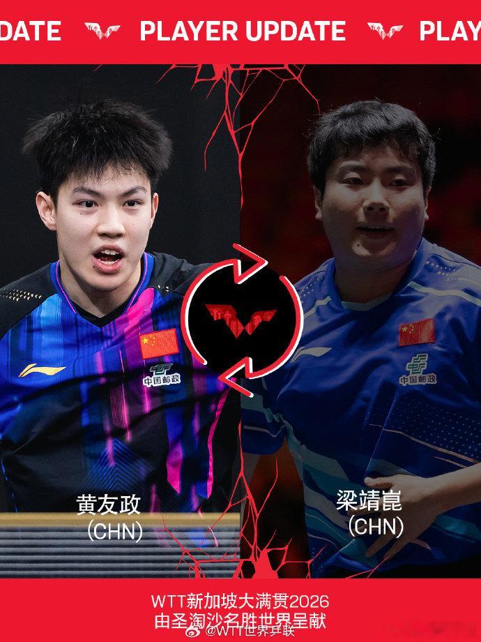 梁靖崑退赛黄友政递补梁靖崑退出WTT新加坡大满贯 🏓️发文宣布梁靖崑退出WTT