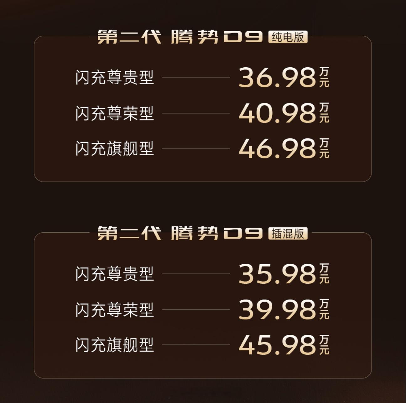 今晚第二代腾势D9上市了，价格35.98-46.98万，插混版纯电续航401公里