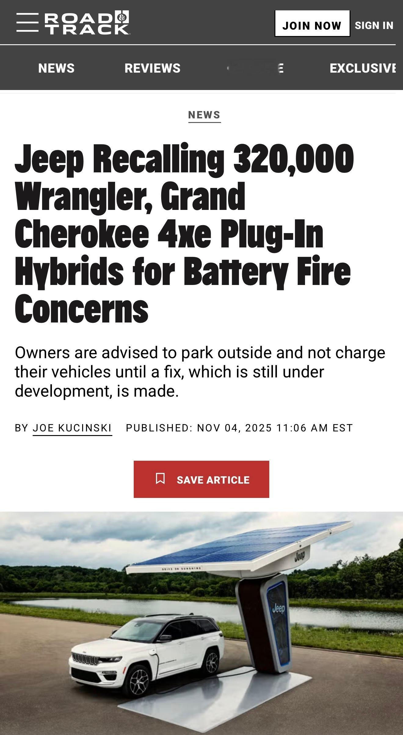 斯特兰蒂斯宣布，针对JEEP品牌旗下的插电混动产品进行召回，涉及美国市场的32万