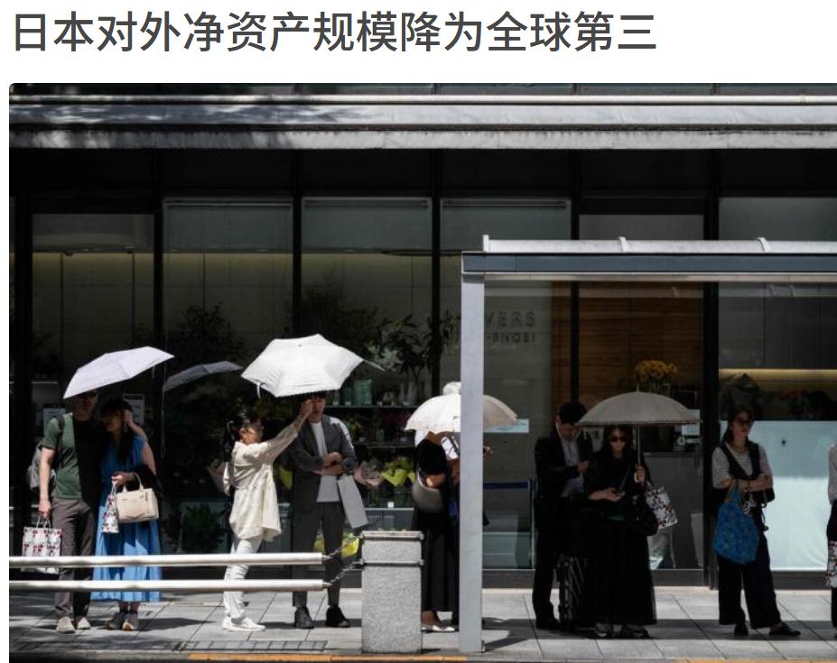 日本对外净资产降到第三，约3.8万亿美元，中国升至第二，第一的是德国，对外净资产