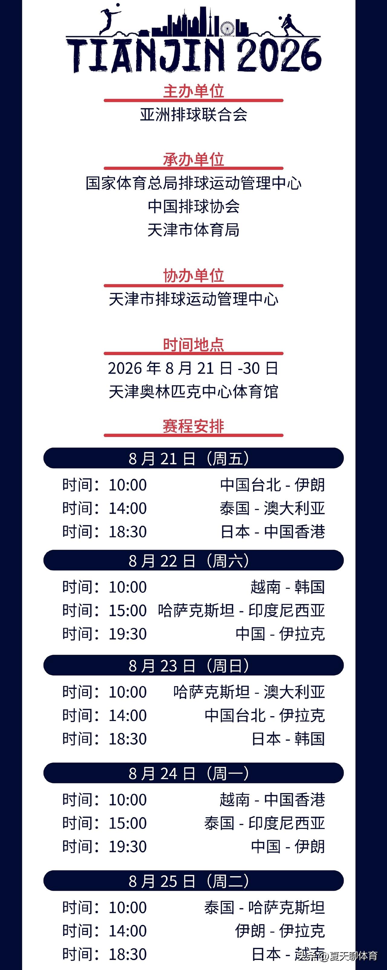 女排亚锦赛今日开票，最新版赛程公布，下周五亚锦赛正式开赛，8.29号周六两场半决