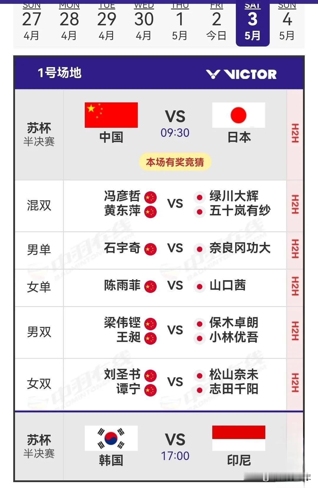 5月3日苏迪曼杯半决赛中国VS日本对阵名单

今日上午09：30，2025苏迪曼