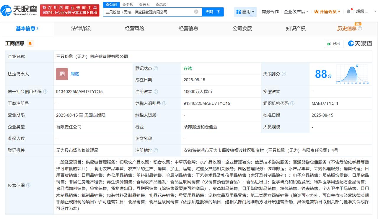 注册资本1亿
天眼查工商信息显示，近日，三只松鼠（无为）供应链管理有限公司成立，