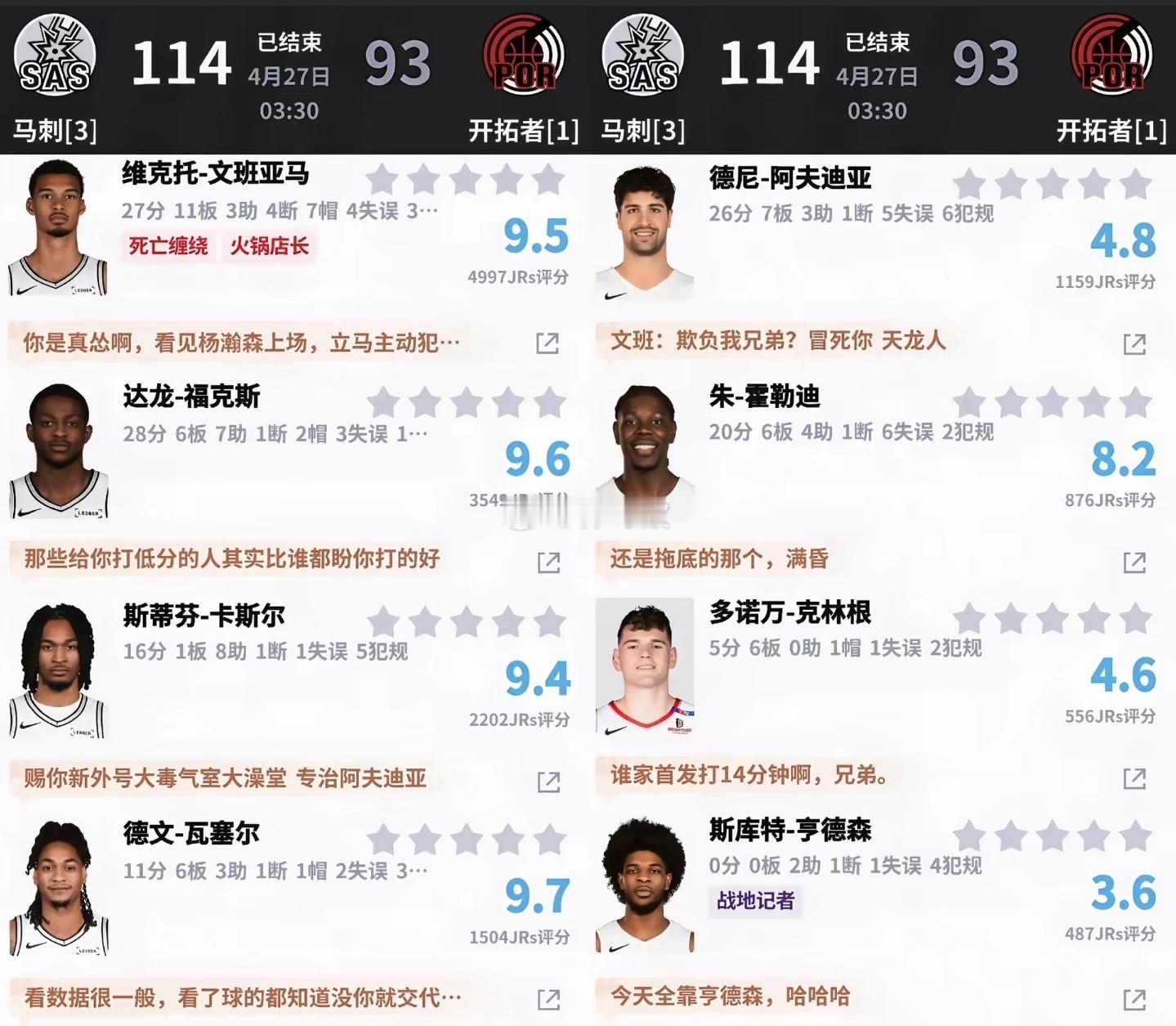 北京时间4月27日NBA 季后赛首轮G4，波特兰开拓者对阵圣安东尼奥马刺。本场杨